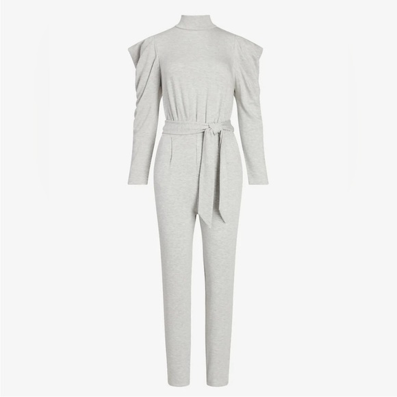 Express Gray Cozy Stretch Jersey Knit Belted Puff Sleeve Lounge Jumpsuit XL - Picture 1 of 14